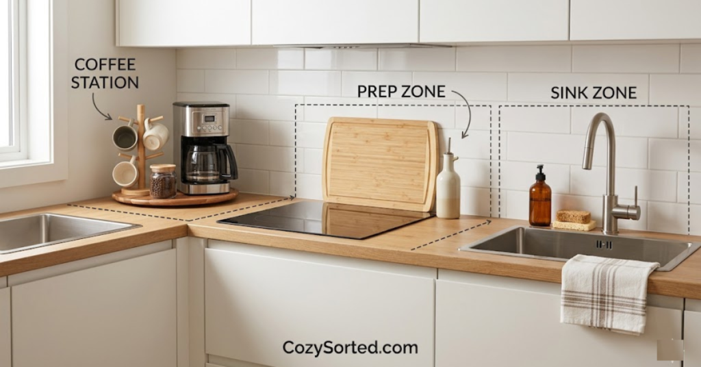 Kitchen counter zones for coffee prep cooking and sink organization