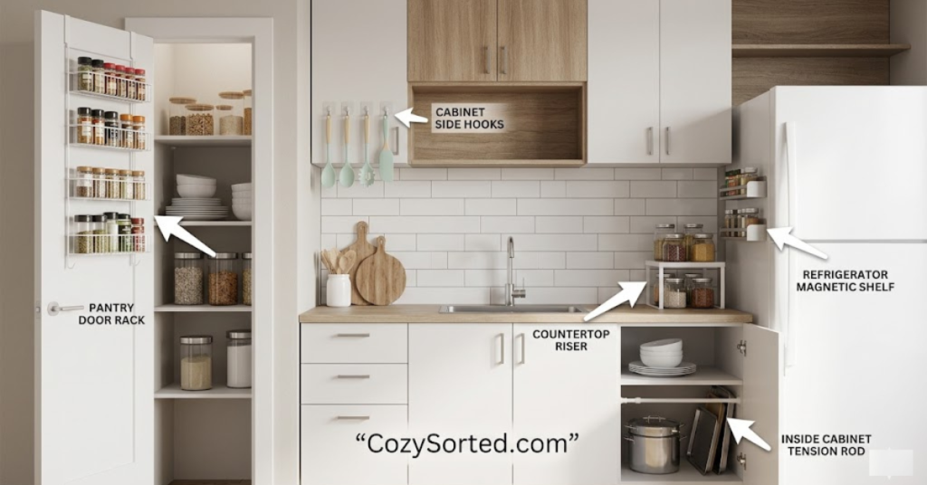 No drill pantry storage surfaces for renters including doors cabinets and refrigerator sides