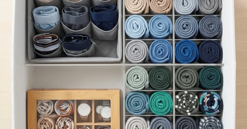 Open storage bin interior organized with acrylic dividers, vertically filed socks, underwear fabric inserts, and bamboo accessory box
