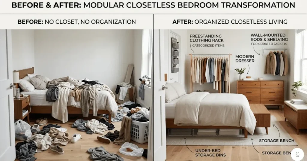Organized bedroom without closet using smart storage solutions