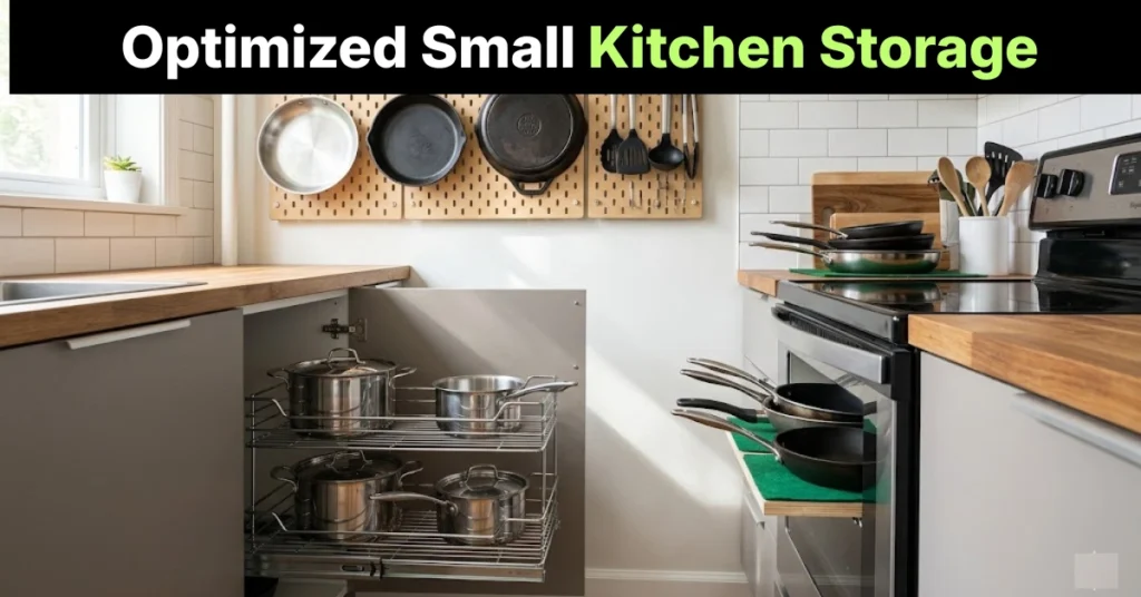 Organized pots and pans in a small kitchen with pull out cabinet storage and wall pegboard