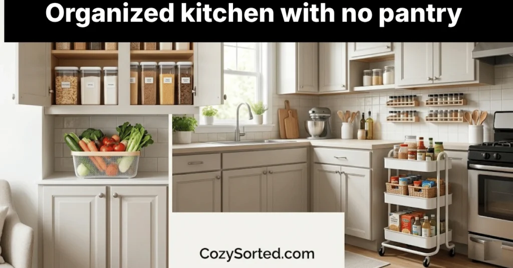 Organized kitchen with no pantry using cabinets carts and wall storage