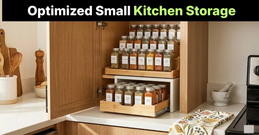 Spice organization ideas for tiny kitchens with labeled jars and small cabinet storage