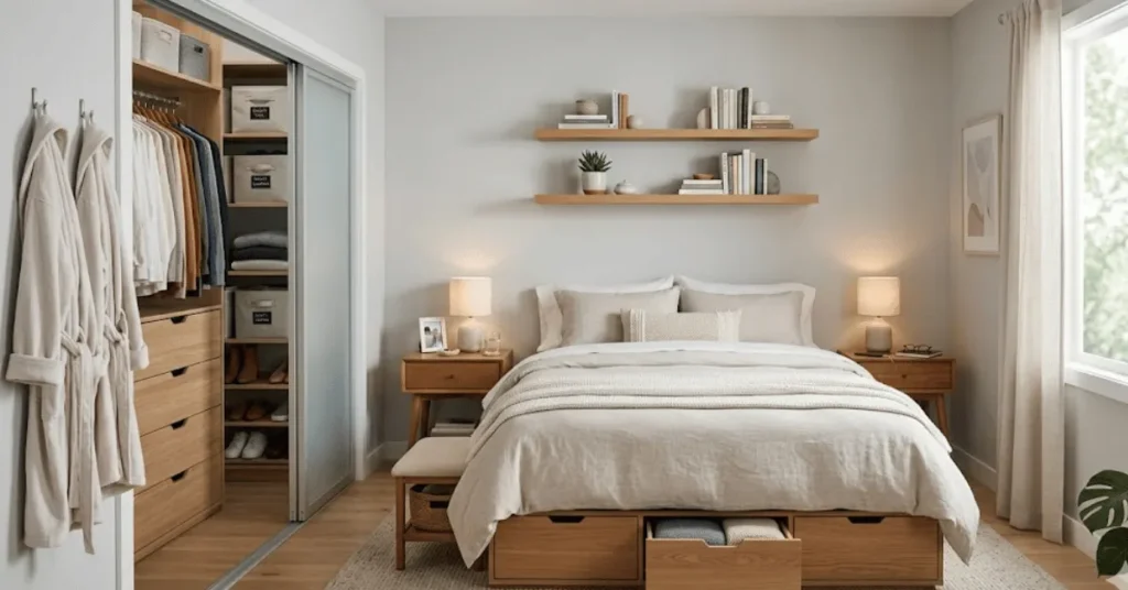Organized small bedroom for couples with smart shared storage solutions