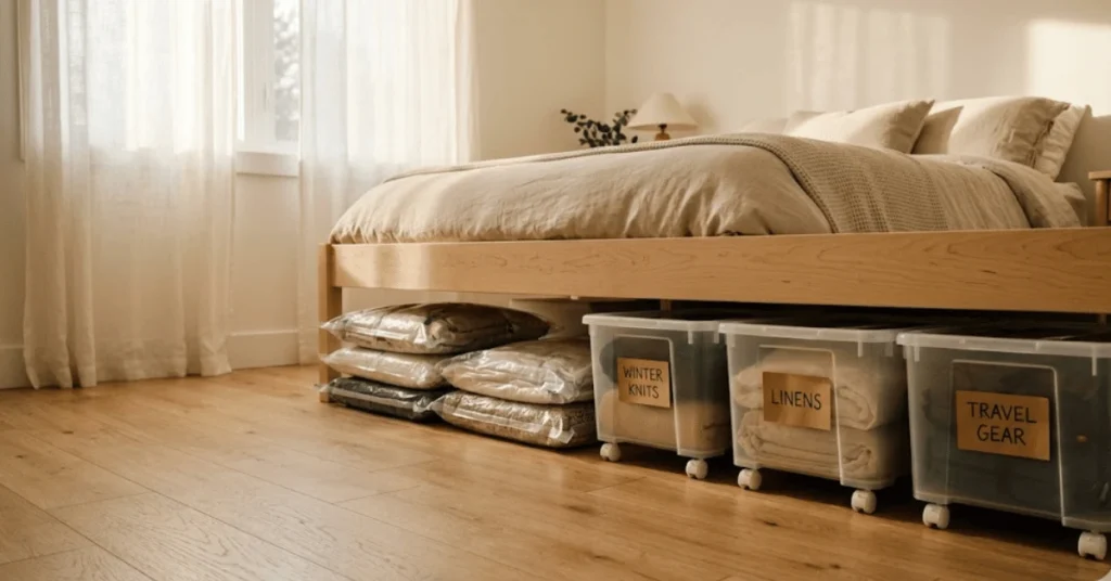 Organized under-bed storage in tiny bedroom showing labeled rolling bins and vacuum storage bags on hardwood floor