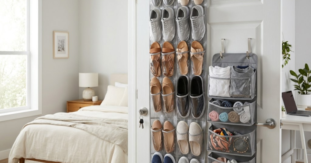 Over-the-door bedroom storage organizer for shoes and accessories