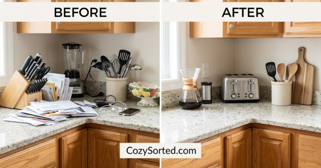 Before and after kitchen counter decluttering with items removed