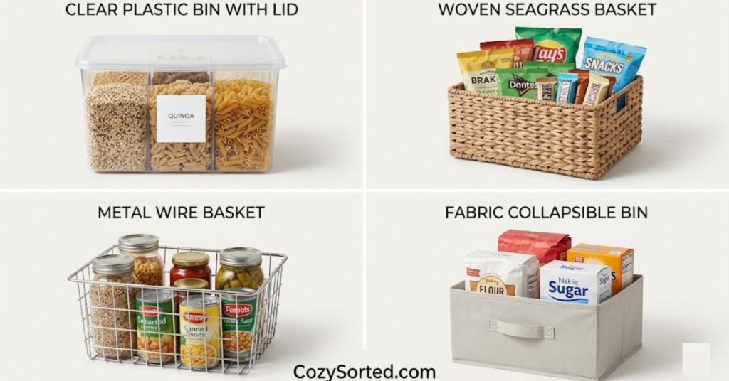 Pantry bin comparison for renters with clear plastic woven wire and fabric bins