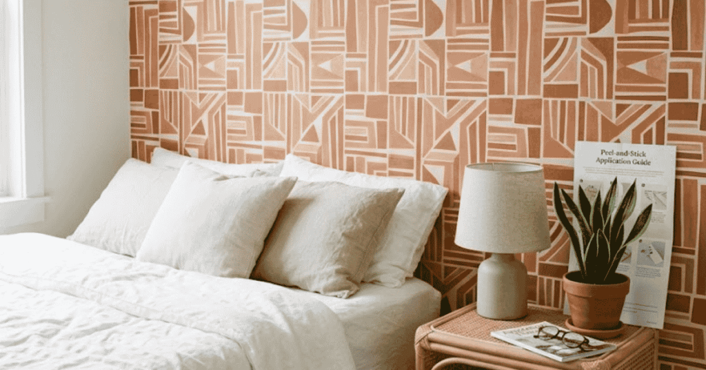 Rental bedroom accent wall transformed with removable peel-and-stick wallpaper in terracotta geometric pattern — no permanent damage