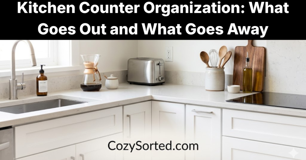 Kitchen counter organization with clear counters and daily-use items