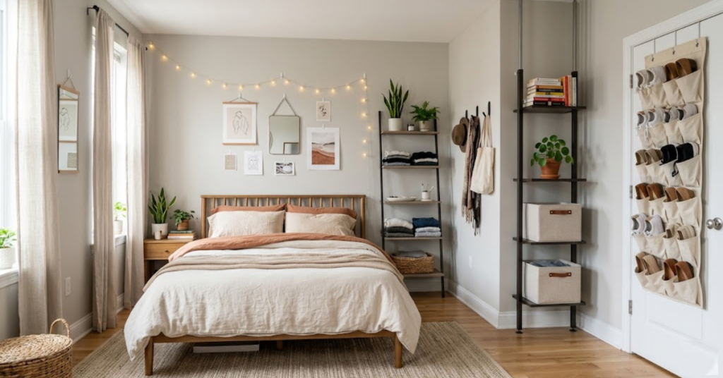 Renter-friendly no-drill bedroom vertical storage ideas