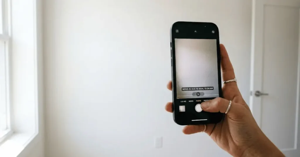 Renter photographing bedroom wall with smartphone for move-in documentation to protect security deposit