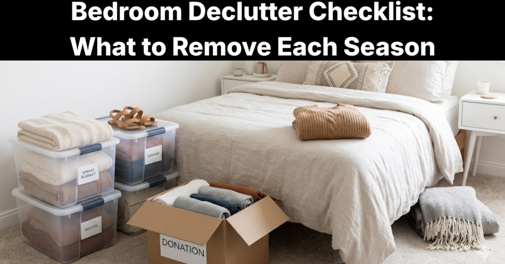 Seasonal bedroom declutter checklist with organized bed, storage bins, and neatly folded clothes