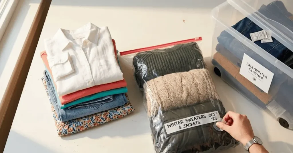 Seasonal clothing rotation system showing active wardrobe, vacuum storage bags, and labeled under-bed bins for renters