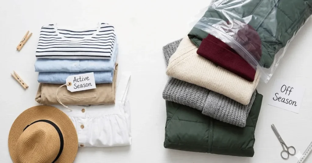 Seasonal clothing sorting flat lay showing active season wardrobe beside off-season clothes being packed into vacuum storage bag