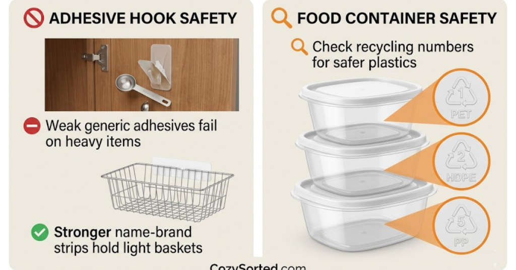 Dollar store kitchen organization safety checklist for adhesives and food containers
