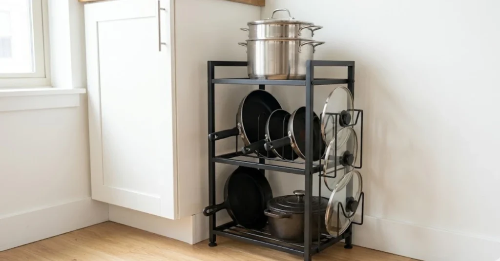 Renter friendly freestanding tiered rack for pot and pan organization in a small apartment kitchen
