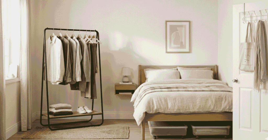 Small bedroom organized with freestanding garment rack, under-bed storage bins, and over-door hooks — no drilling required