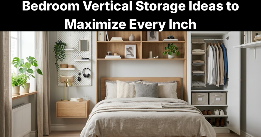 Small bedroom using vertical storage ideas with floating shelves pegboards over-bed storage and wall-mounted organization