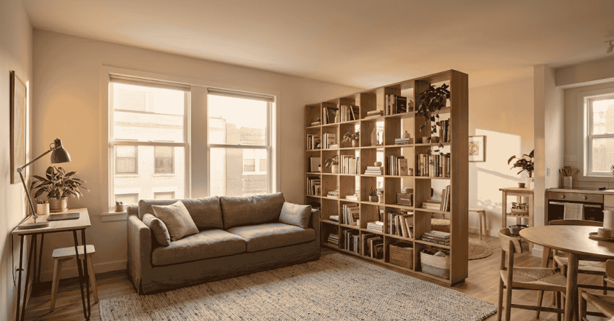 Small open-plan living room divided into three zones — seating area with rug, work corner with desk lamp, and bookshelf room divider