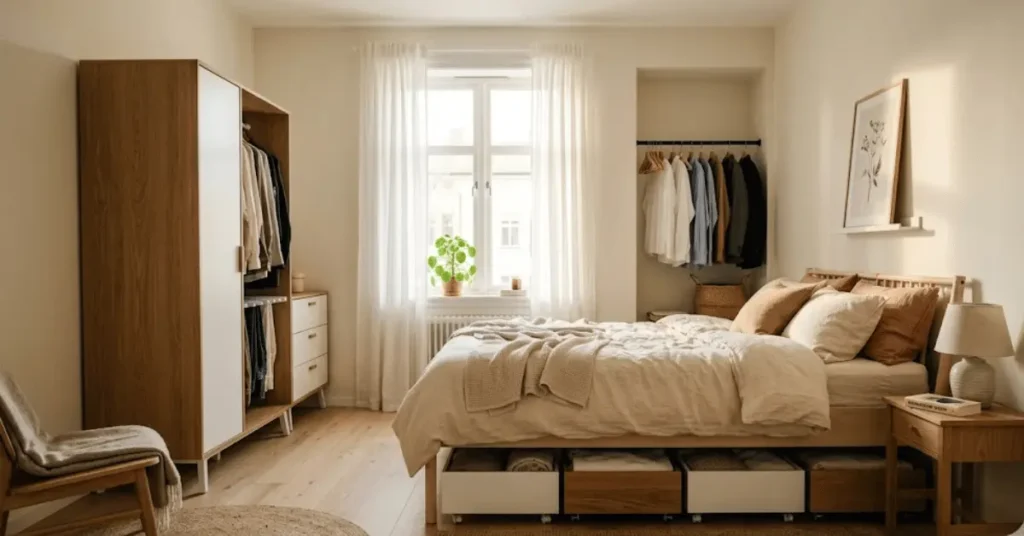 Small rental bedroom organized with freestanding wardrobe, under-bed storage, and tension rod closet system — no wall damage