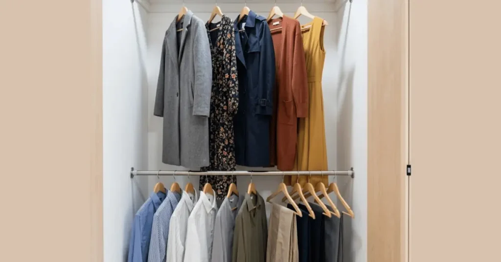 Small rental closet with tension rod double-hang system — upper rod for long garments, lower rod for short items, no screws