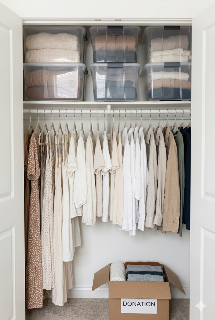 Spring bedroom wardrobe declutter with winter clothes packed in labeled storage bins