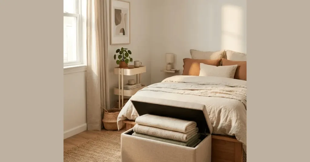 Storage ottoman with open lid showing folded blankets beside narrow rolling cart in small rental bedroom