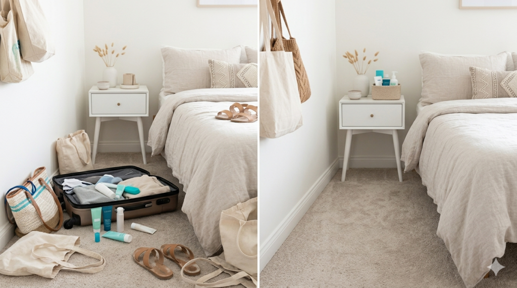 Summer bedroom declutter with unpacked suitcase travel toiletries and beach bags organized