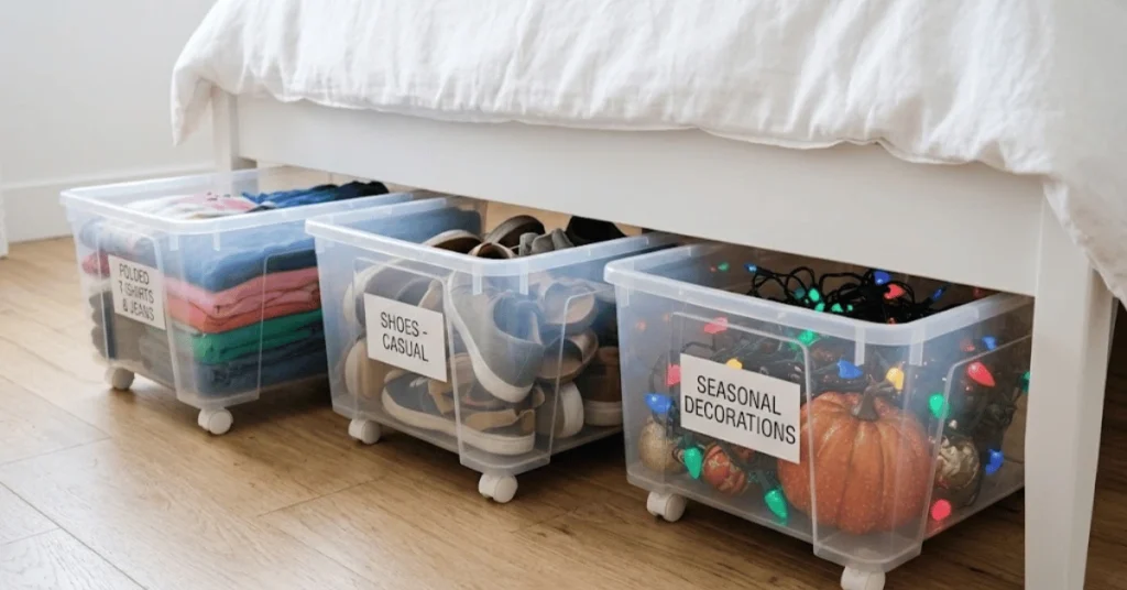 Three clear low-profile rolling storage bins pulled out from under bed frame on hardwood floor — labeled and organized