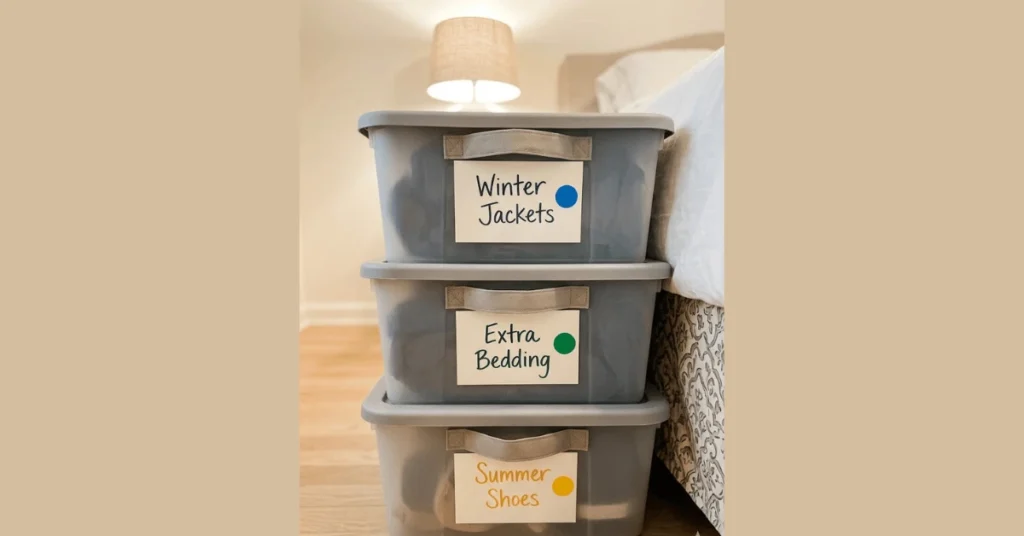 Under-bed storage bins labeled on short ends facing outward with category names and color-coded dots for easy identification