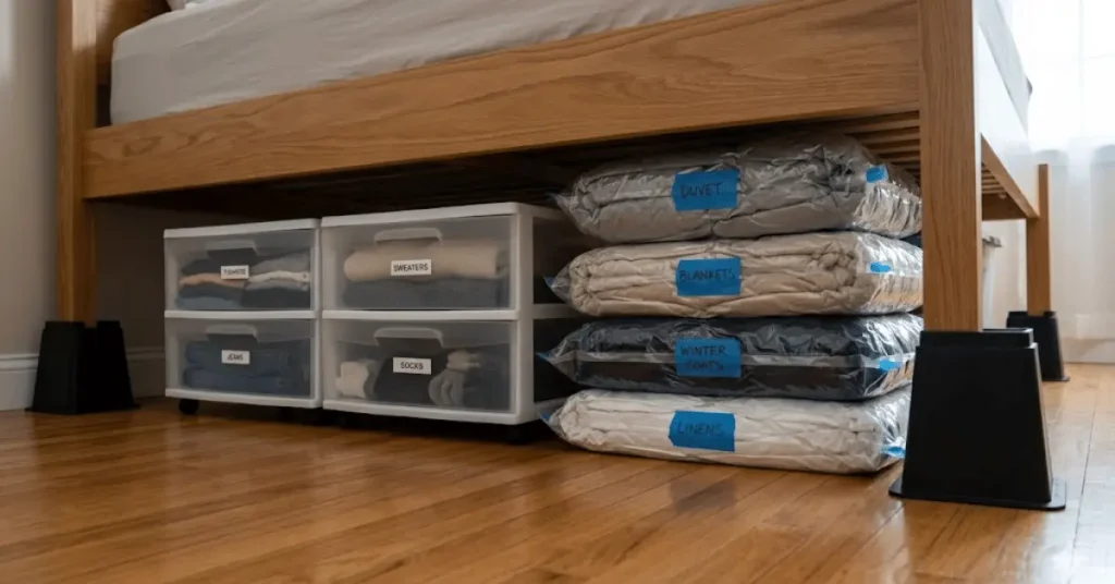 Under-bed storage organized with rolling drawers and vacuum compression bags on raised bed frame with bed risers