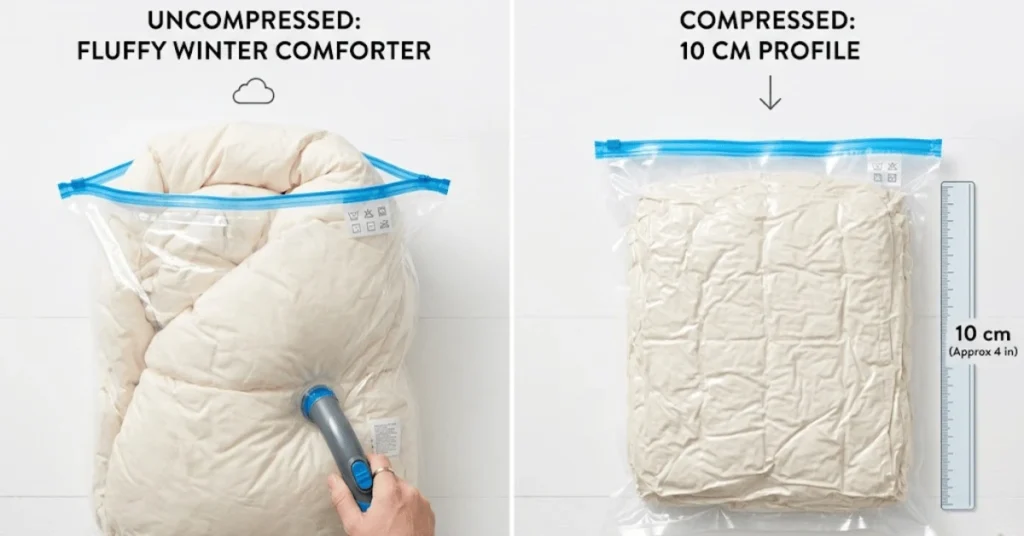 Vacuum storage bag compression comparison — bulky winter comforter before sealing versus flat compressed profile for under-bed storage