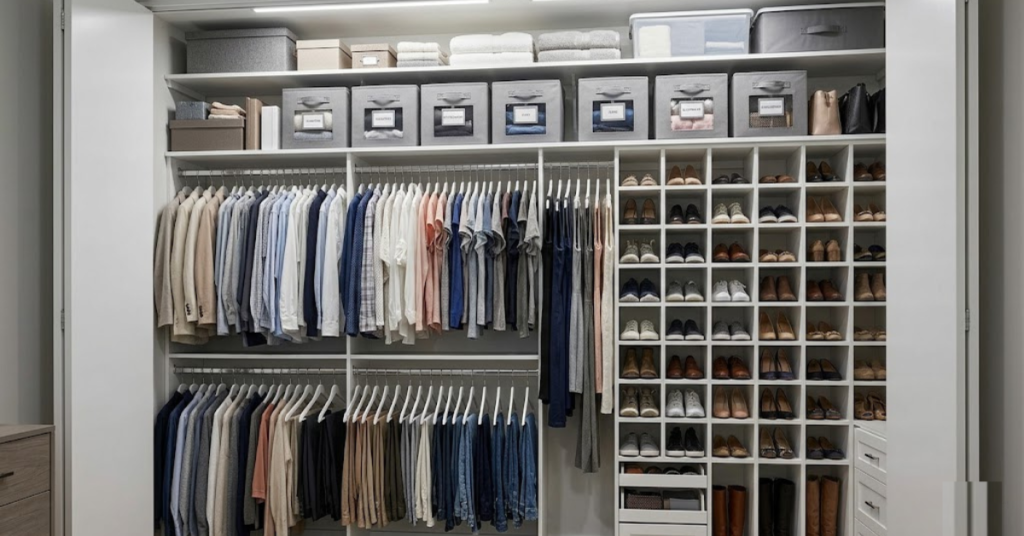 Vertical closet organization using double hang rods and top shelf bins