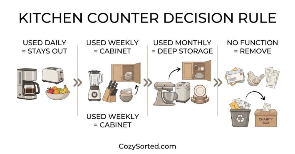 Kitchen counter organization daily-use decision rule