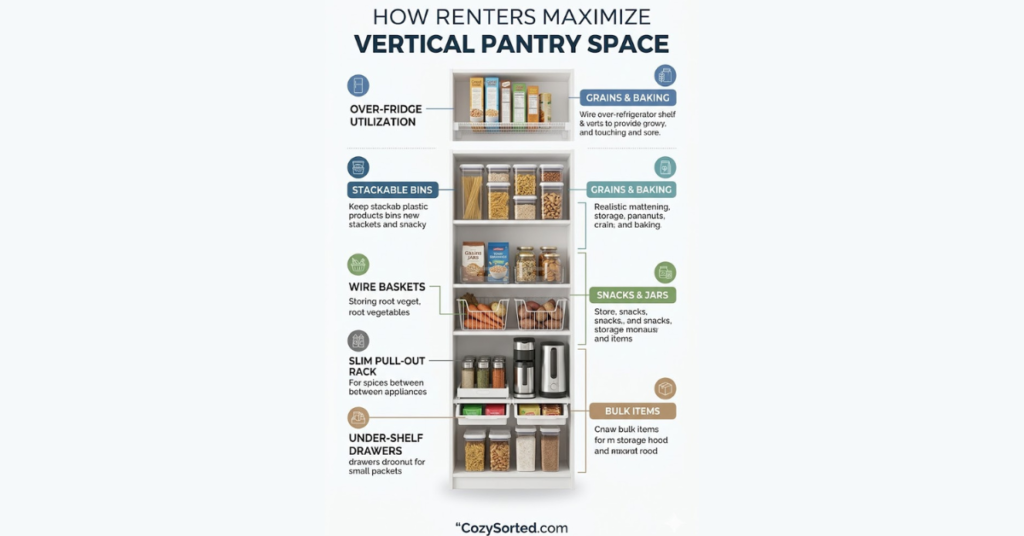 Vertical pantry storage ideas for renters using freestanding shelves and stackable bins