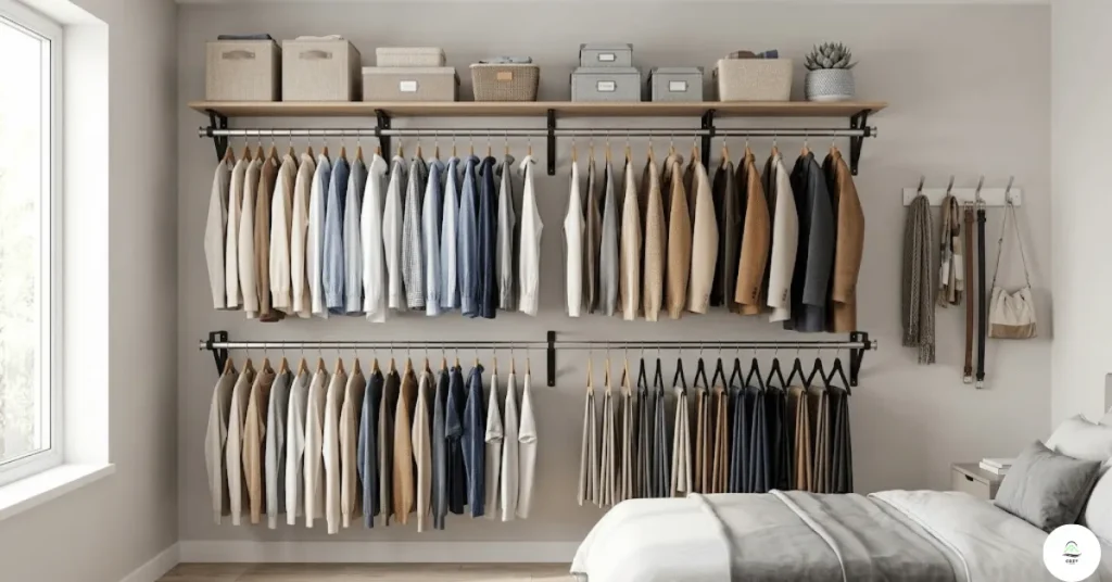 Wall-mounted clothing rods and hanging solutions for closetless bedroom