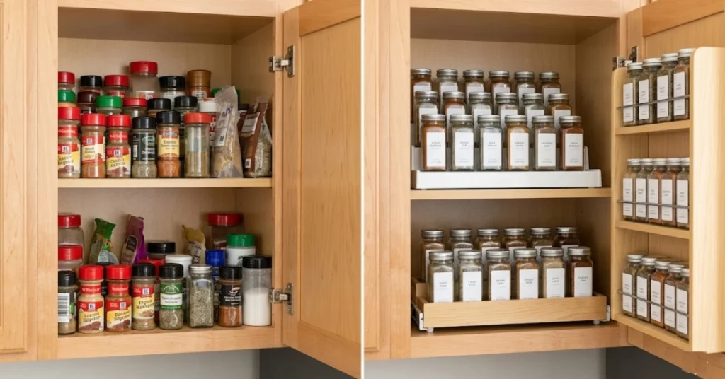 Small cabinet spice organization with tiered shelves pull-out rack and door storage