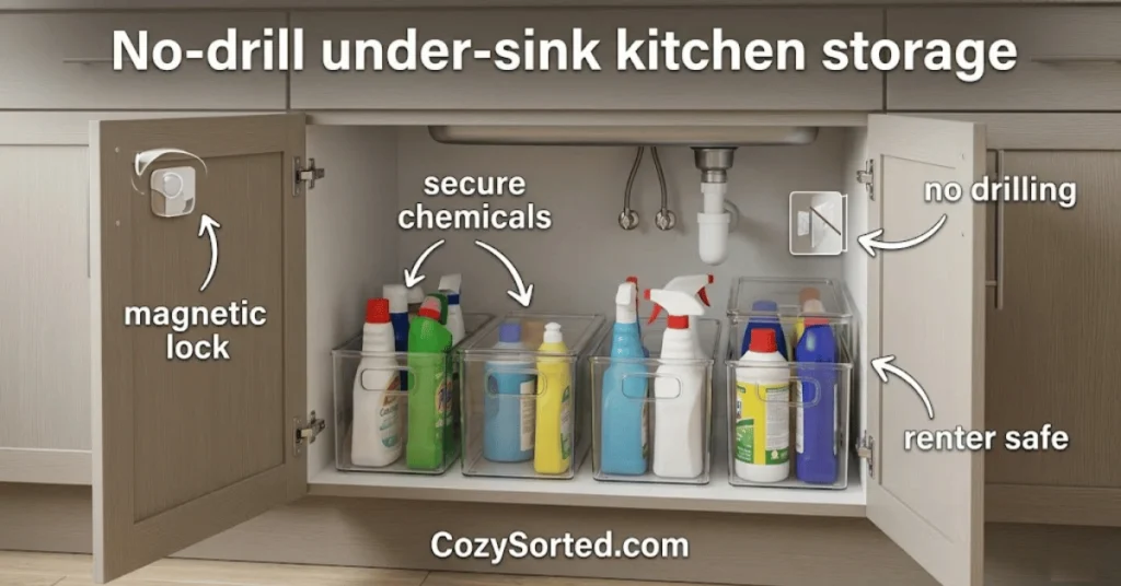 Damage free childproof under sink storage with magnetic cabinet locks