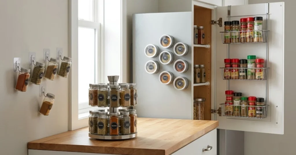 No drill spice storage ideas for renters in small kitchens