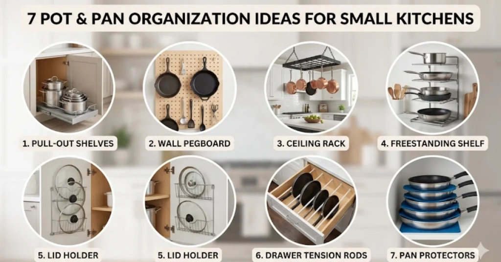 Pot and pan organization ideas for small kitchens including pegboard, pull out shelves, lid racks, and tiered storage