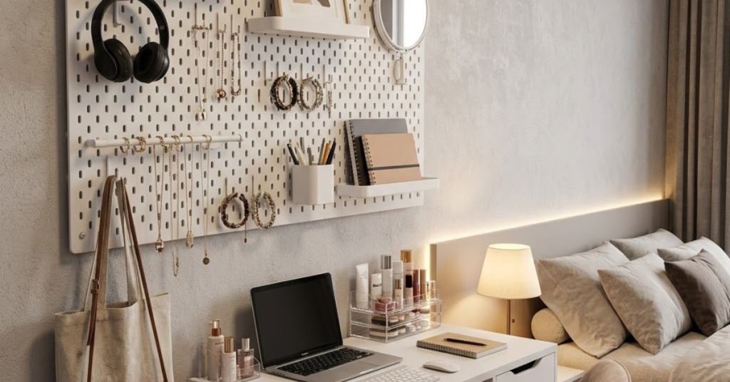 Bedroom pegboard wall organizer for accessories and desk storage