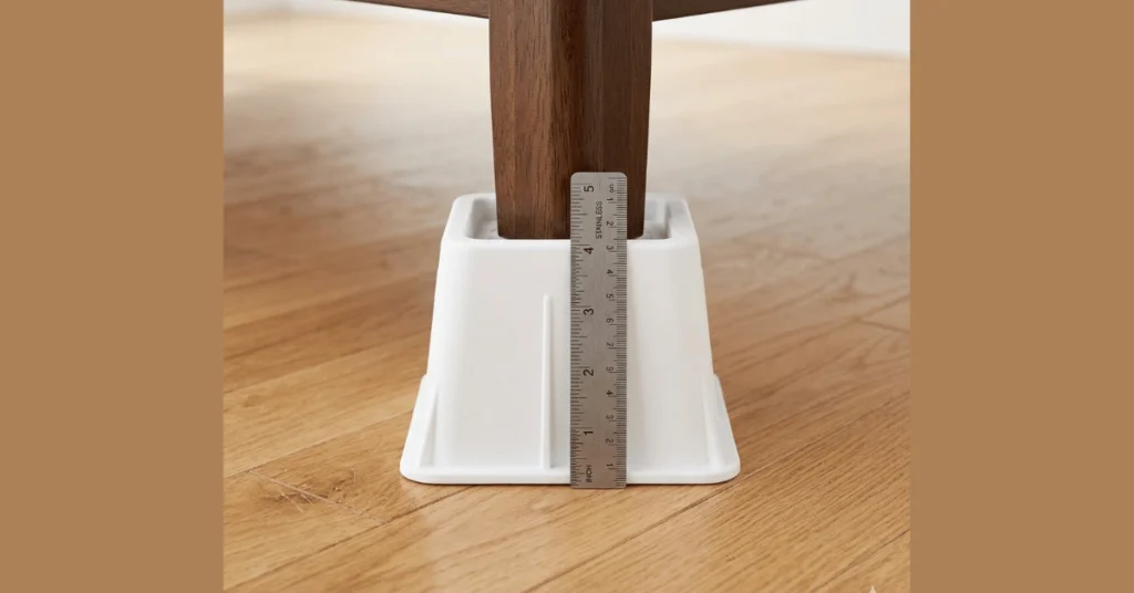 White plastic bed riser under wooden bed leg on hardwood floor with ruler showing clearance height measurement