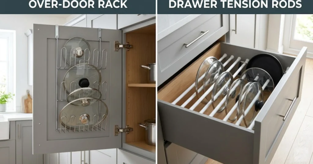 Pot lid organization using over the door lid rack and tension rods inside a kitchen drawer