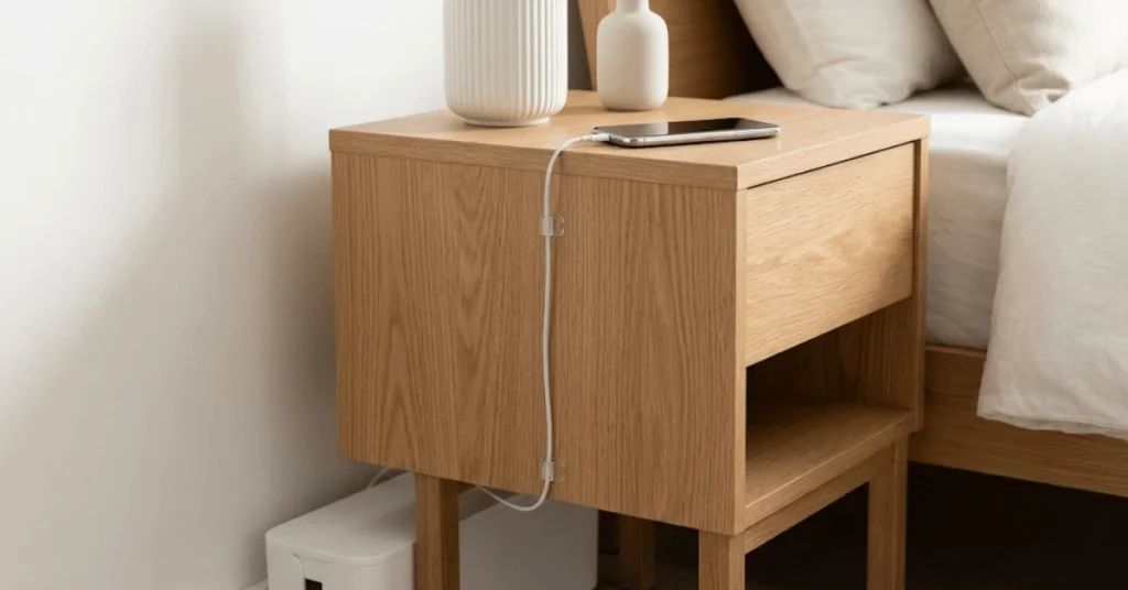 cable management box and adhesive clips behind a small bedroom nightstand