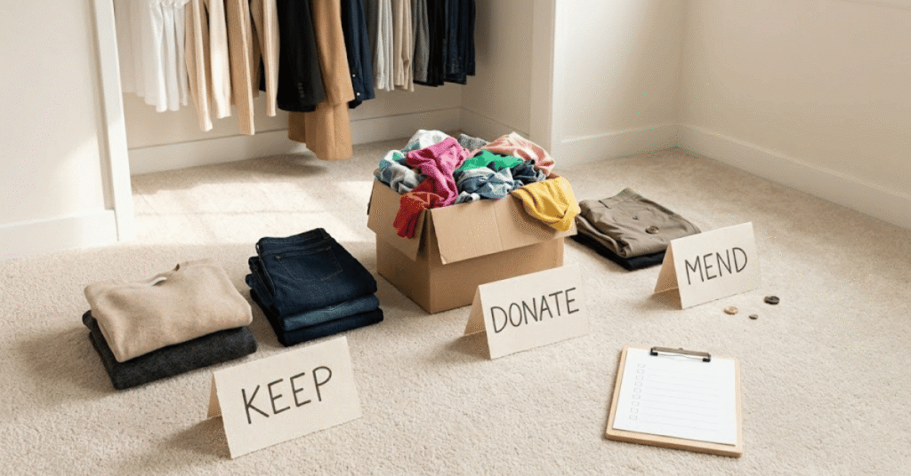 capsule wardrobe audit and clothes decluttering process with keep donate and mend piles