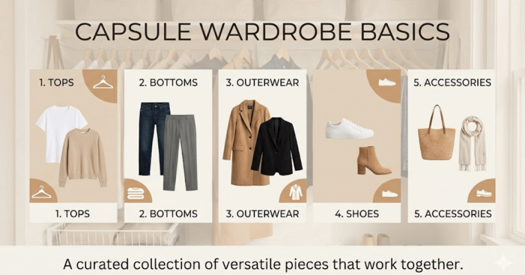 capsule wardrobe basics showing essential interchangeable clothing pieces