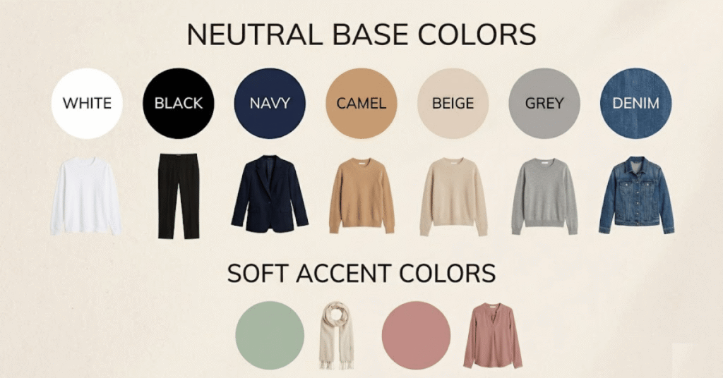 capsule wardrobe color palette with neutral base colors and accent colors