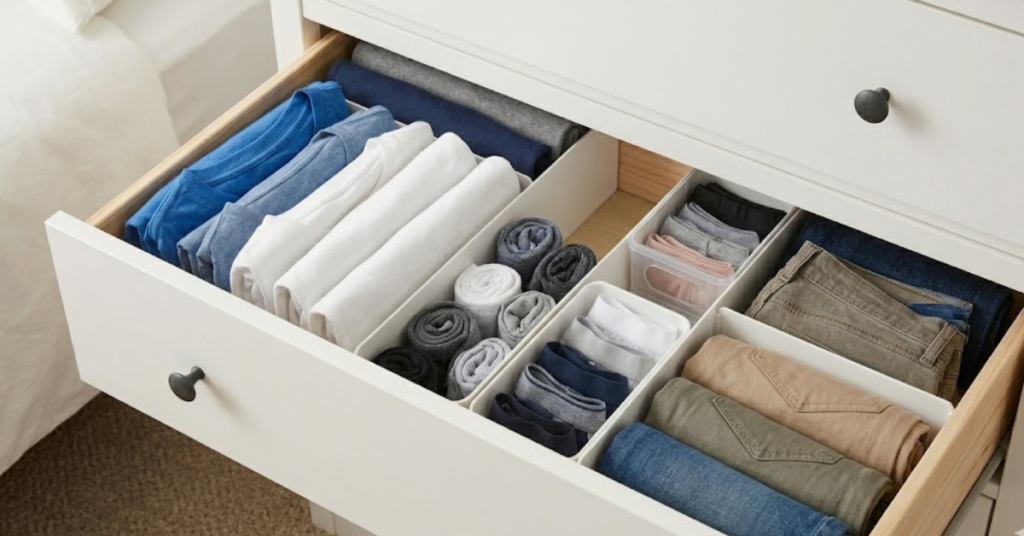 drawer dividers and organizing bins keeping folded clothes upright