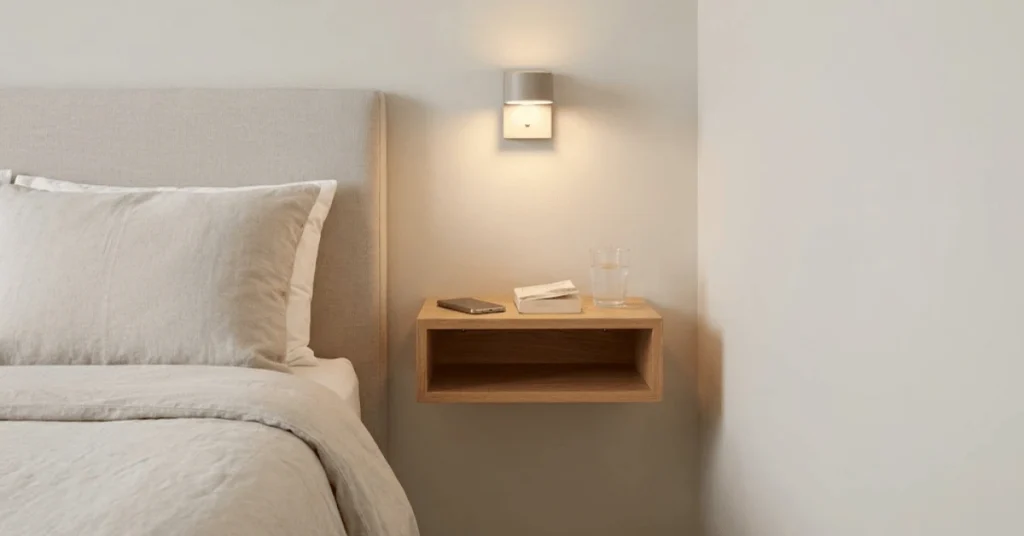 floating shelf used as a nightstand in a small bedroom